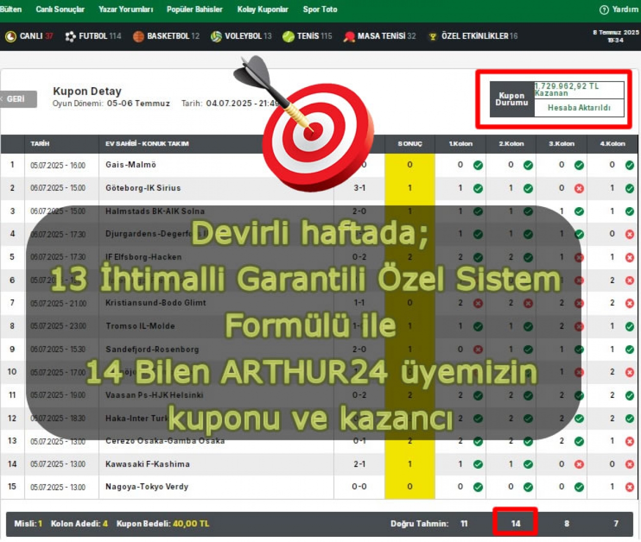 Spor Toto Hedef 15 Kazanan kuponlar